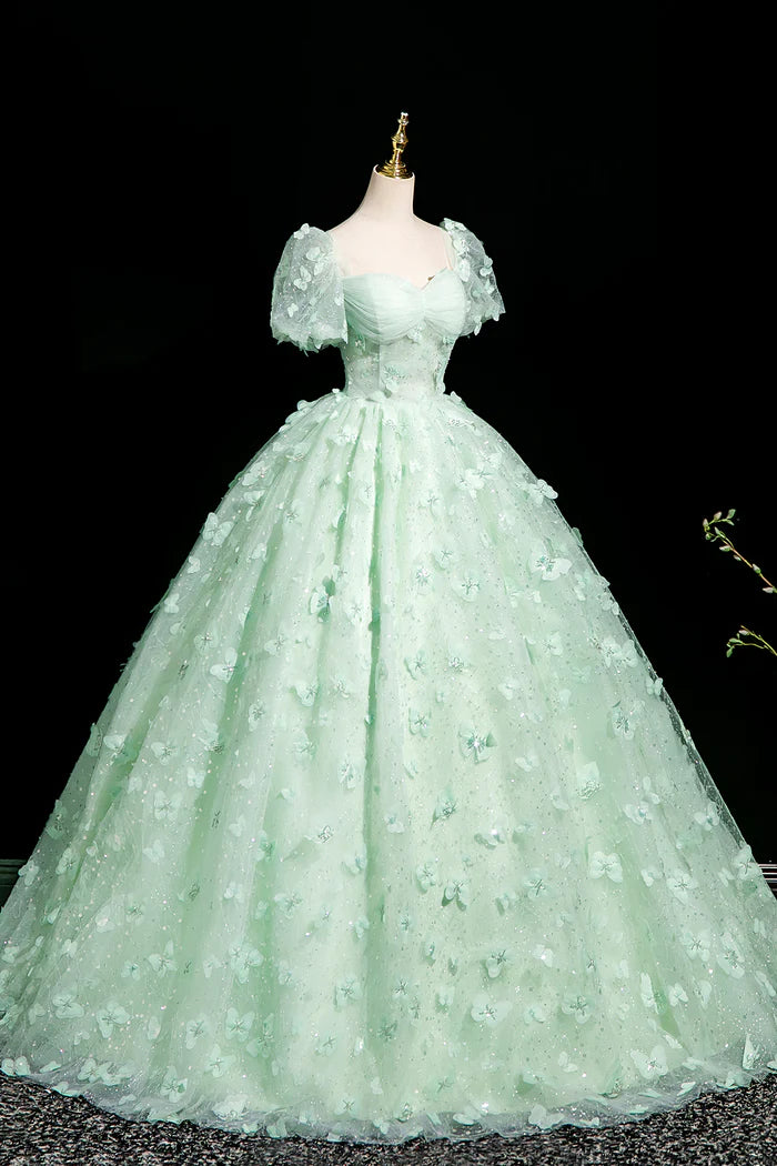 Green Tulle Butterfly Long A-Line Prom Dress, Beautiful Short Sleeve Evening Dress